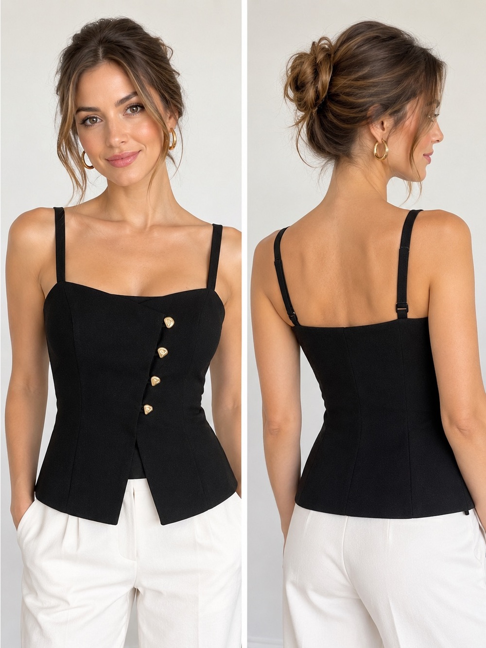 Zara Black Spaghetti-Strap Corset Top with Gold Buttons